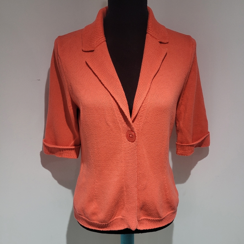 Basler Womens Cotton Short Sleeve Button Front Cardigan Sweater Small Coral Pink